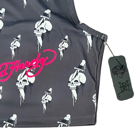 Ed Hardy Gray White Skull Knife Logo Cropped Tank Top size L NEW Tags Racerback - Picture 8 of 8